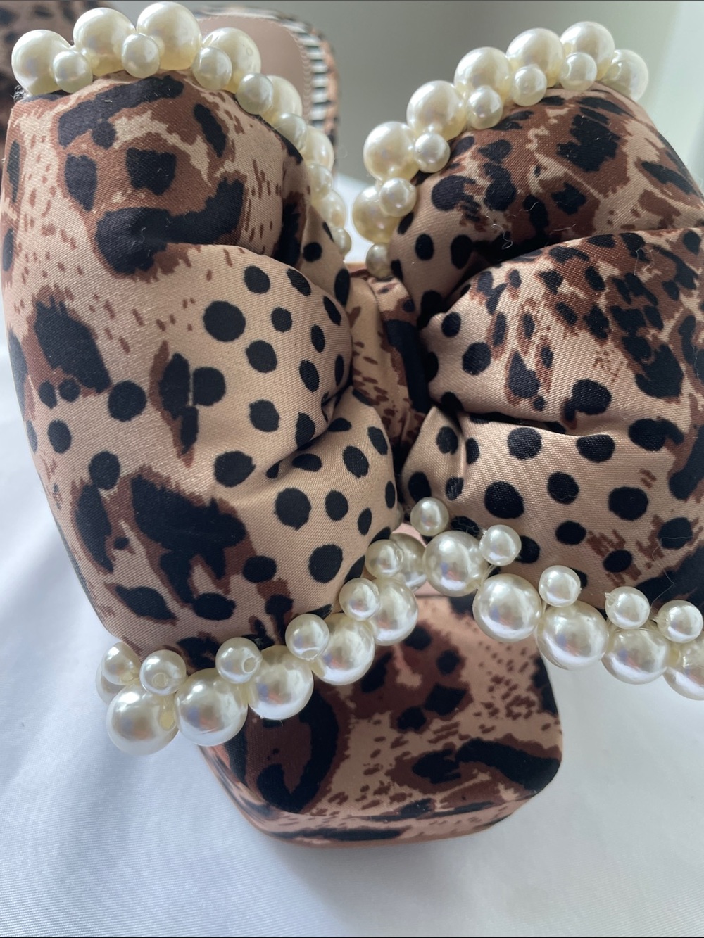 Betsey Johnson Leopard Print Pearl-Trim Mules in Brown and Black - Picture 5 of 10